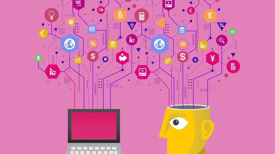 Pink background with a yellow head that has logos and wires popping out and connecting to a laptop.